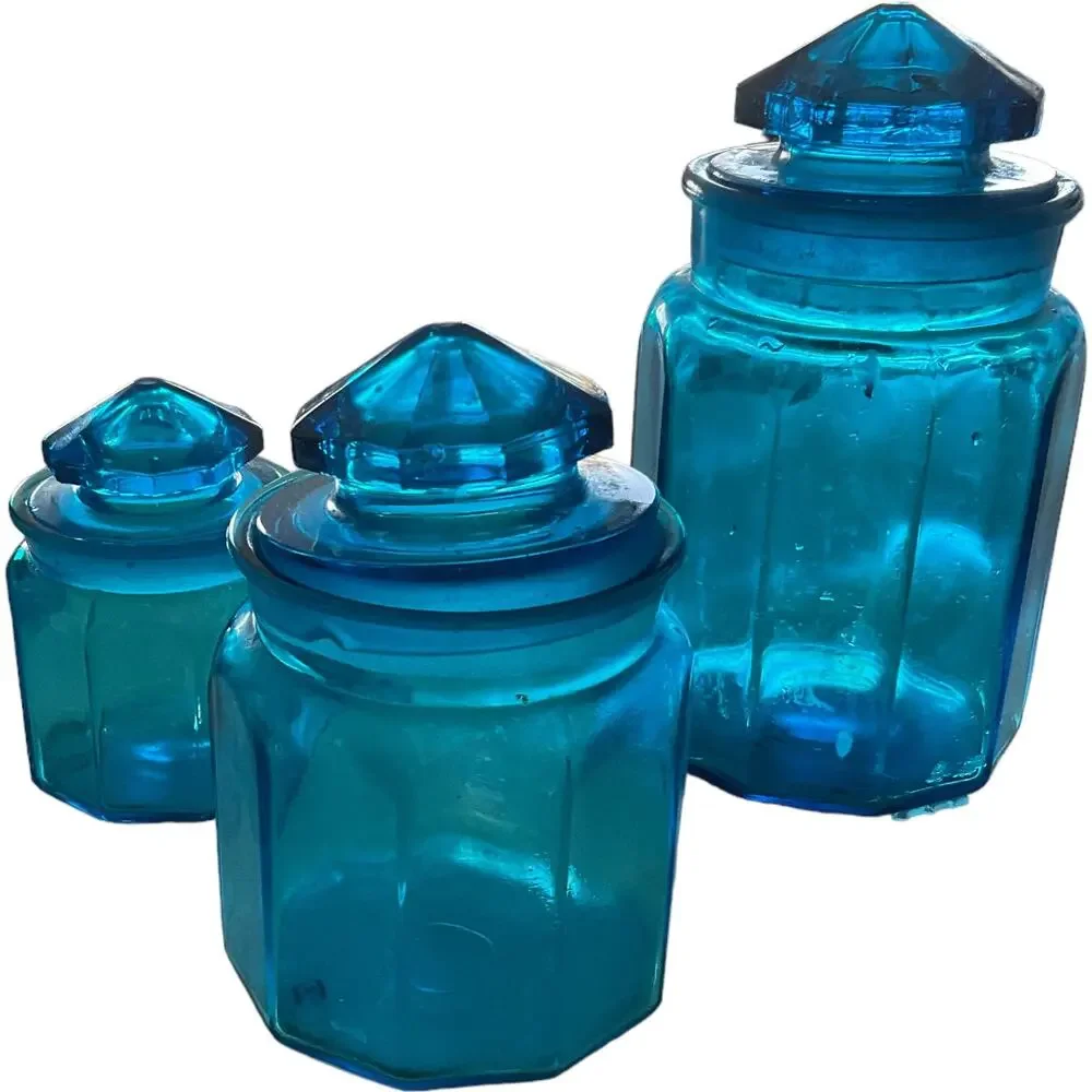 Vintage MCM L.E. Smith Blue Panel Glass Kitchen Canister Apothecary Jar 3 pc Set
